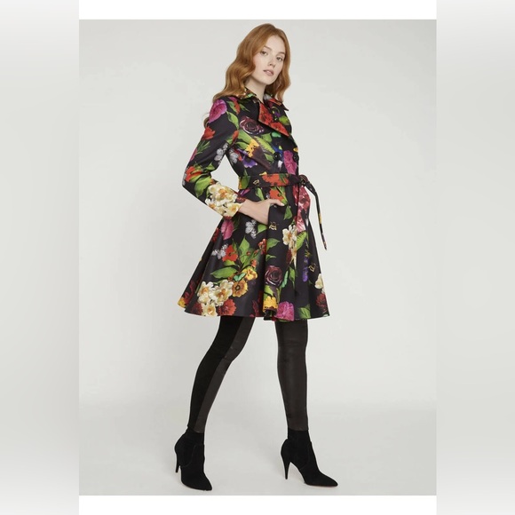 Alice + Olivia Leila Botanical Fit-and-Flare Coat Medium Butterflies Flowers - Picture 3 of 15
